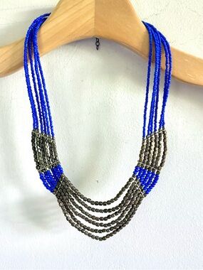 Multi-Strand Beaded Blue and Bronze-Colored Bib Statement Necklace